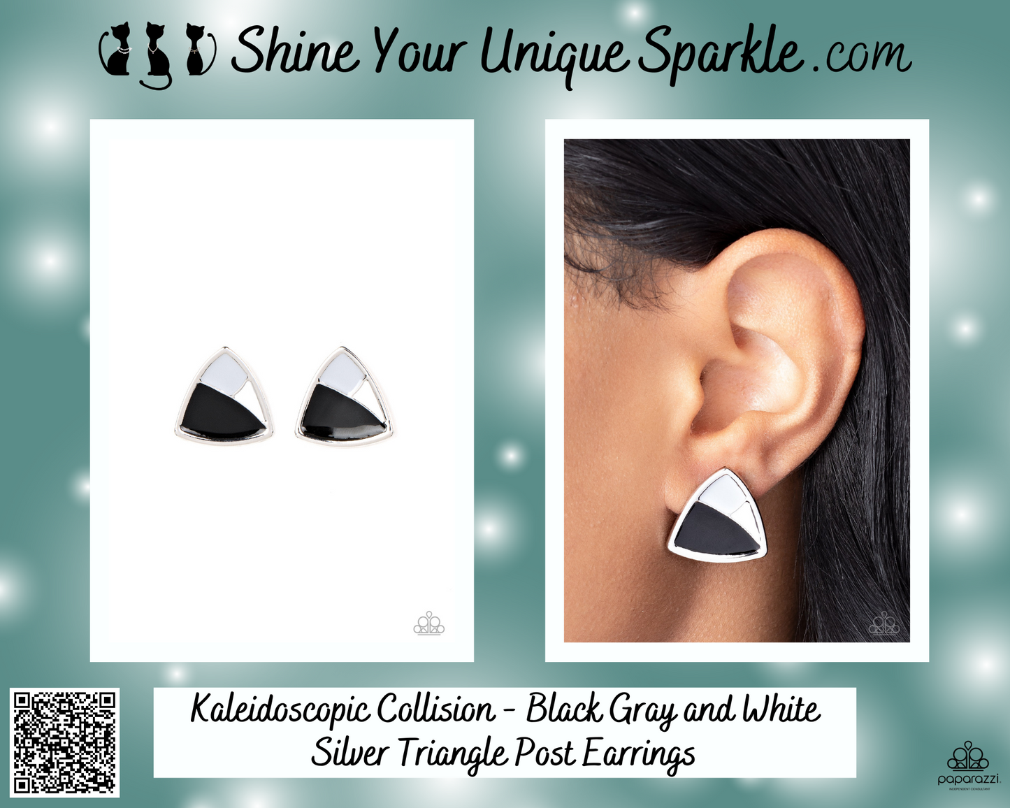 Kaleidoscopic Collision - Black Gray and White Silver Triangle Post Earrings