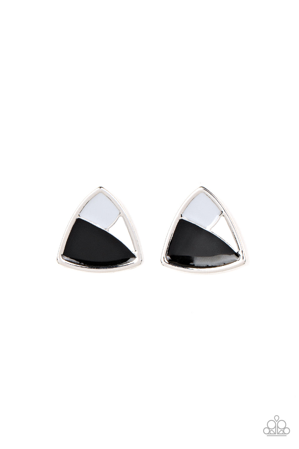 Kaleidoscopic Collision - Black Gray and White Silver Triangle Post Earrings