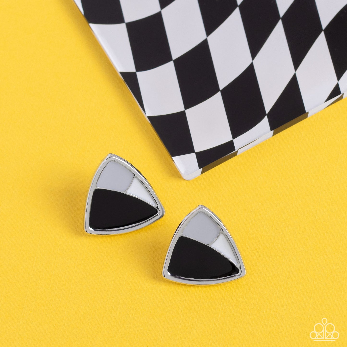 Kaleidoscopic Collision - Black Gray and White Silver Triangle Post Earrings