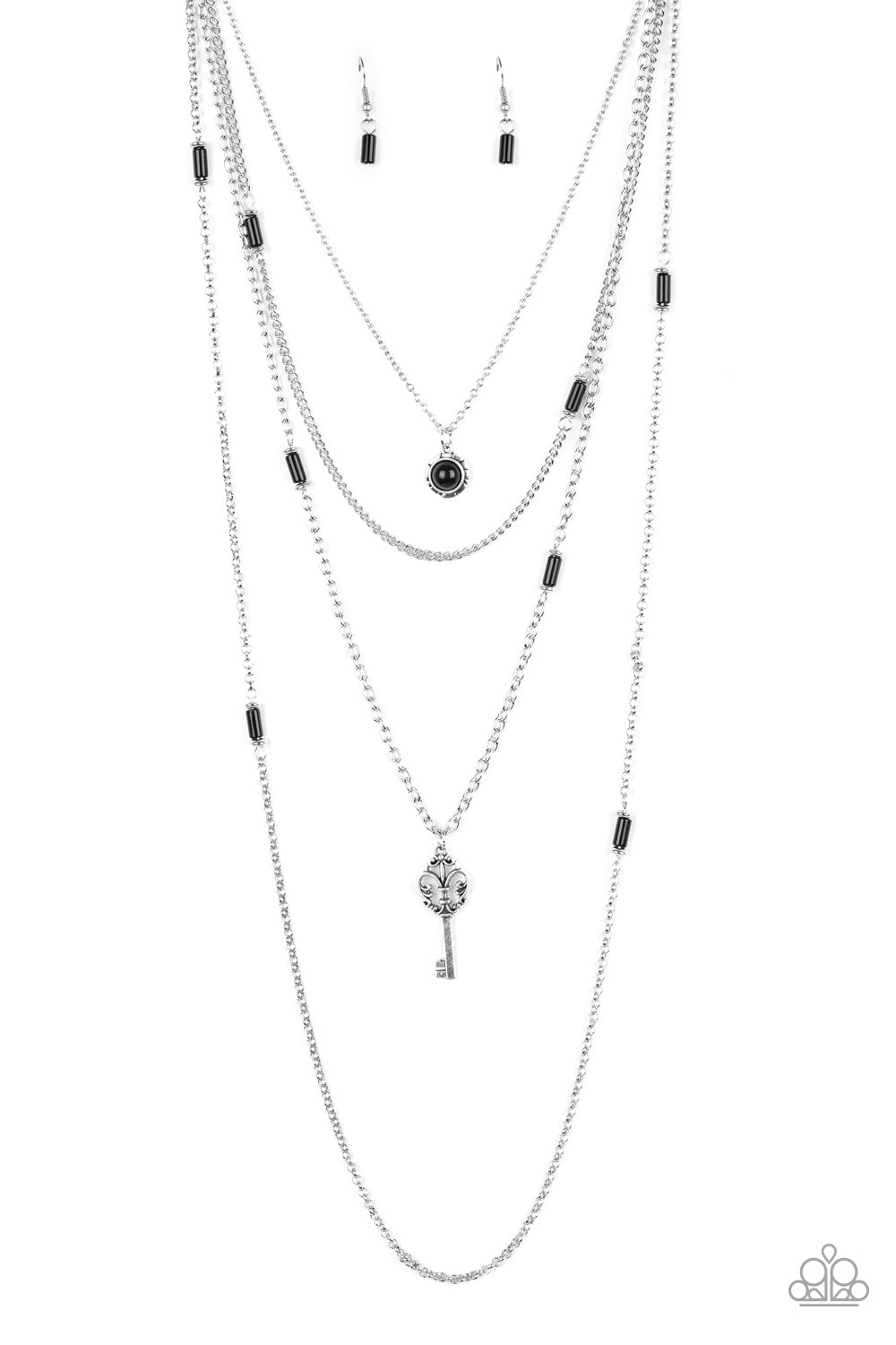 Key Keynote - Black Bead Silver Key Layered Long Necklace