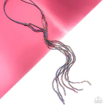 Knotted Karma - Silver Gray Cord Oil Spill Bead Long Necklace - Life of the Party