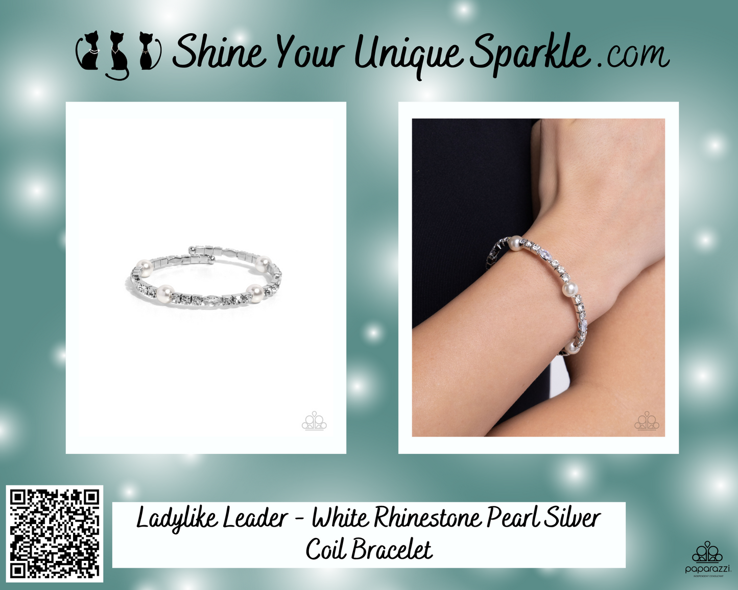 Ladylike Leader - White Rhinestone Pearl Silver Coil Bracelet