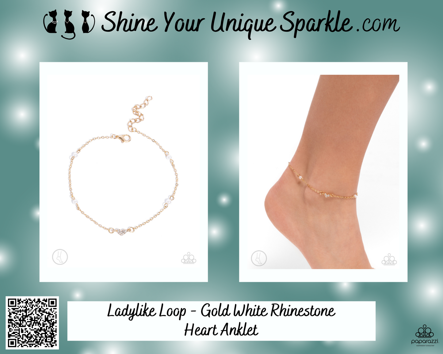 Ladylike Loop - Gold White Rhinestone Heart Anklet