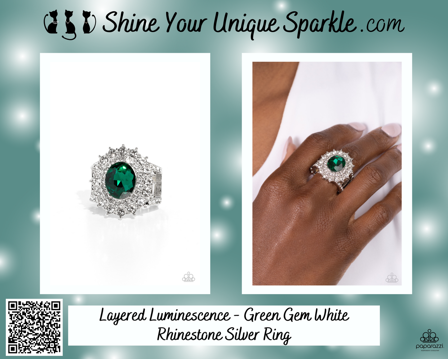 Layered Luminescence - Green Gem White Rhinestone Silver Ring