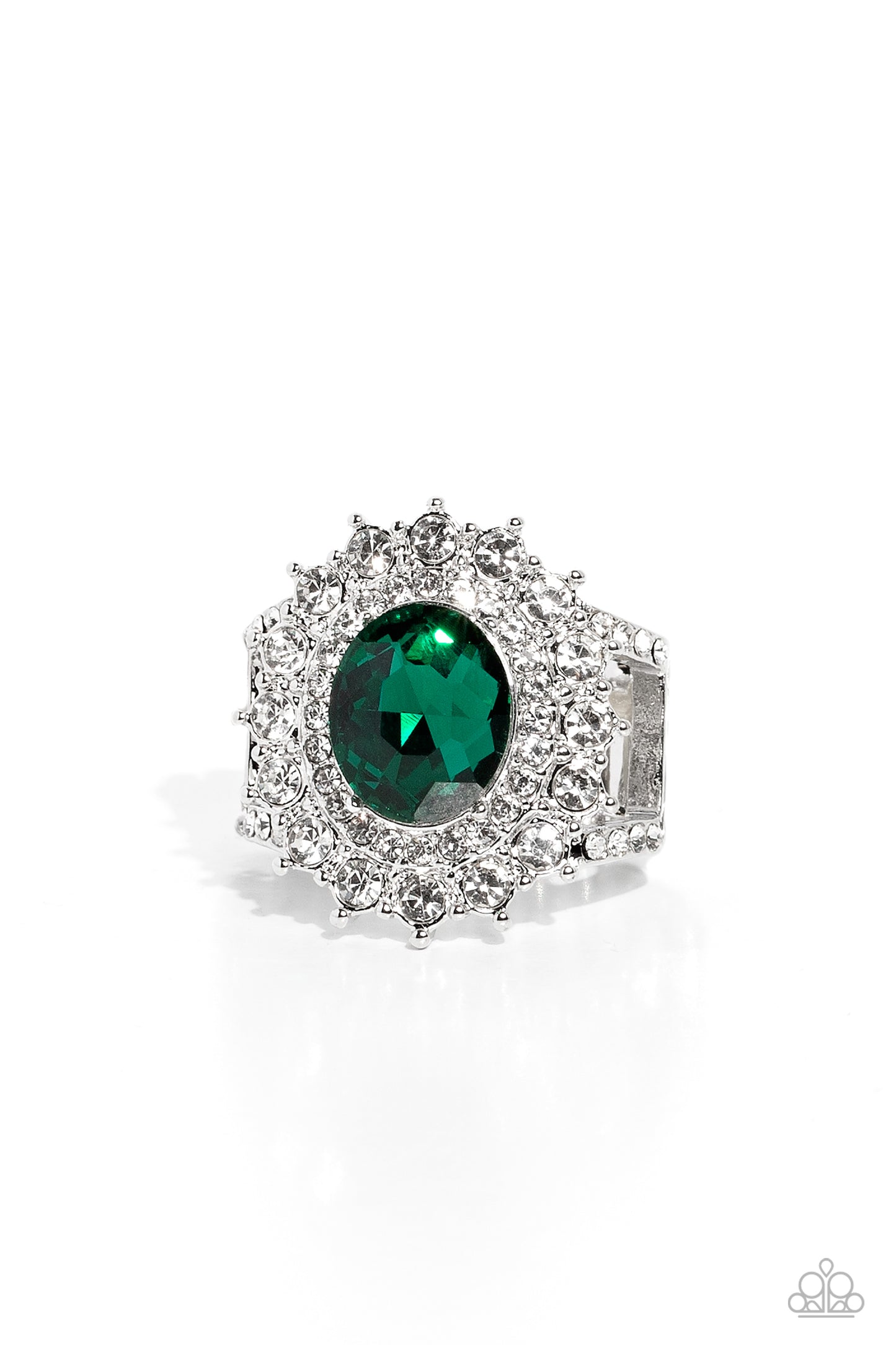 Layered Luminescence - Green Gem White Rhinestone Silver Ring