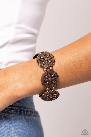 Leave of Lace - Copper Flower Medallion Stretchy Bracelet