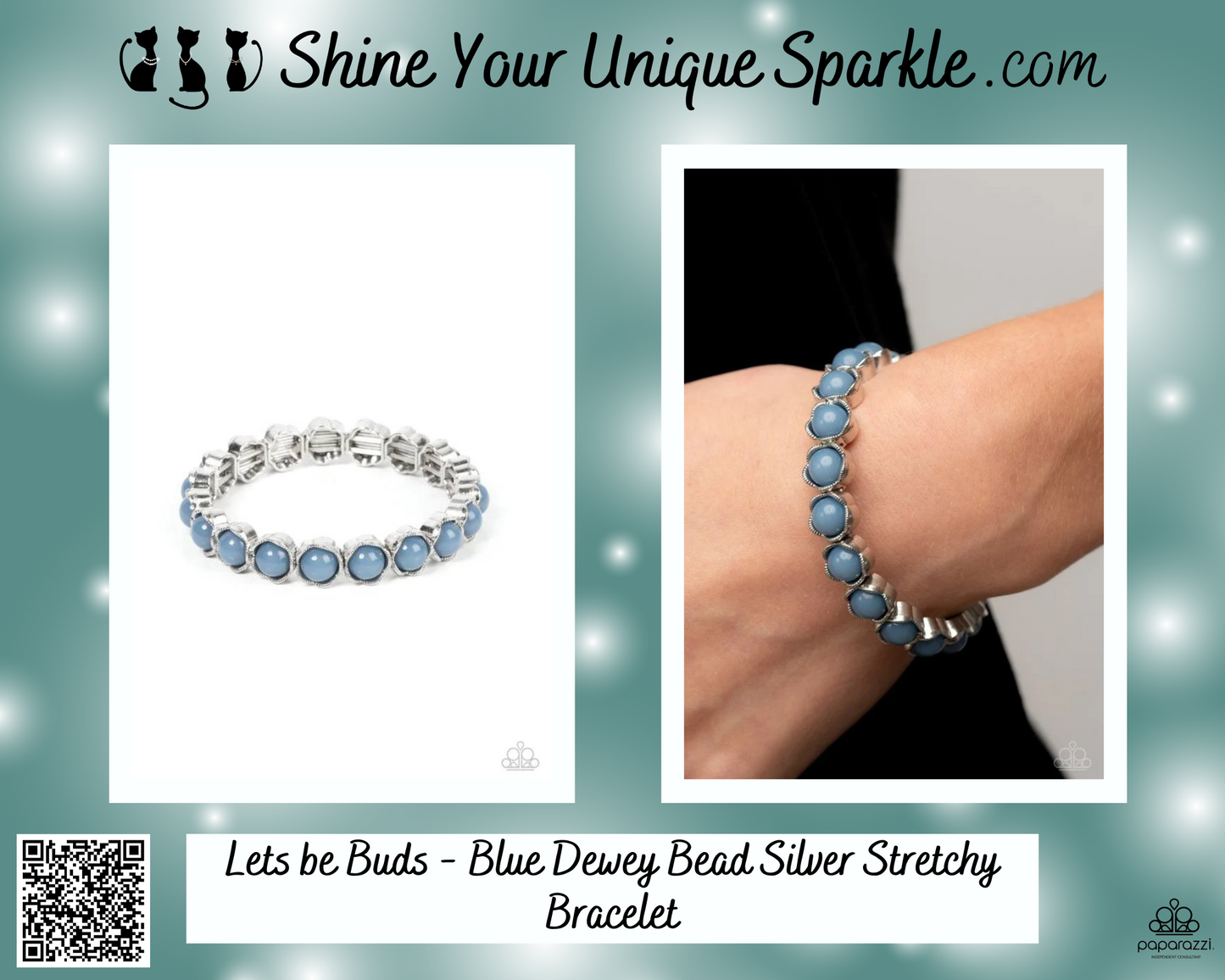 Lets be Buds - Blue Dewey Bead Silver Stretchy Bracelet