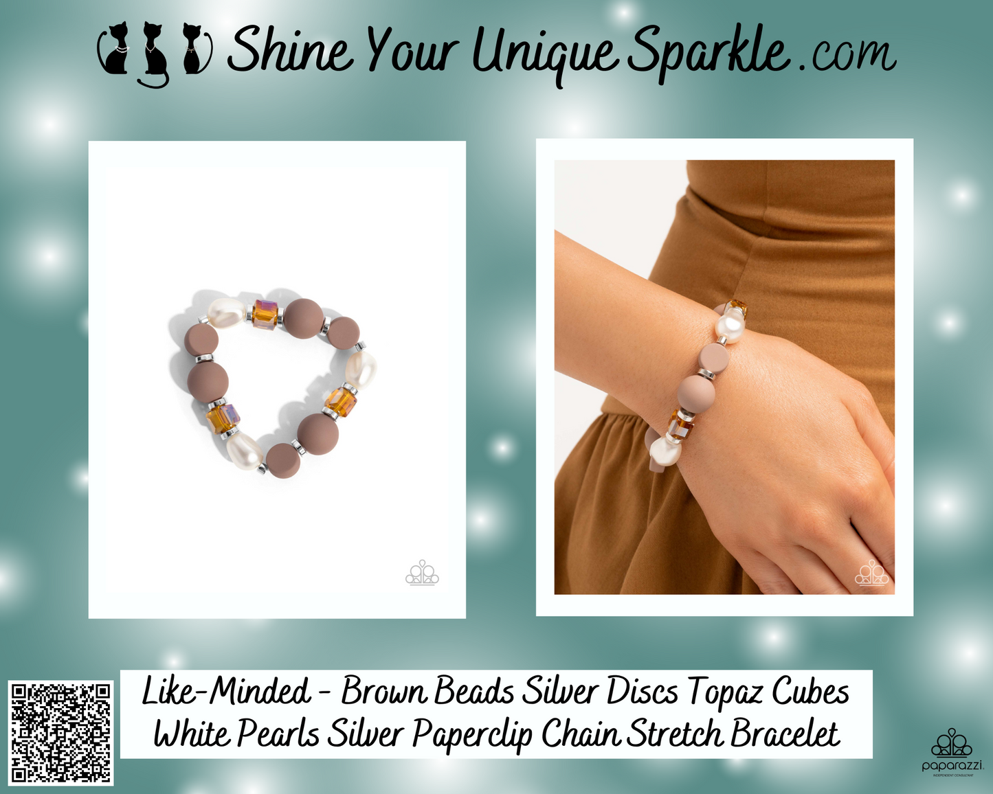 Like-Minded - Brown Beads Silver Discs Topaz Cubes White Pearls Silver Paperclip Chain Stretch Bracelet