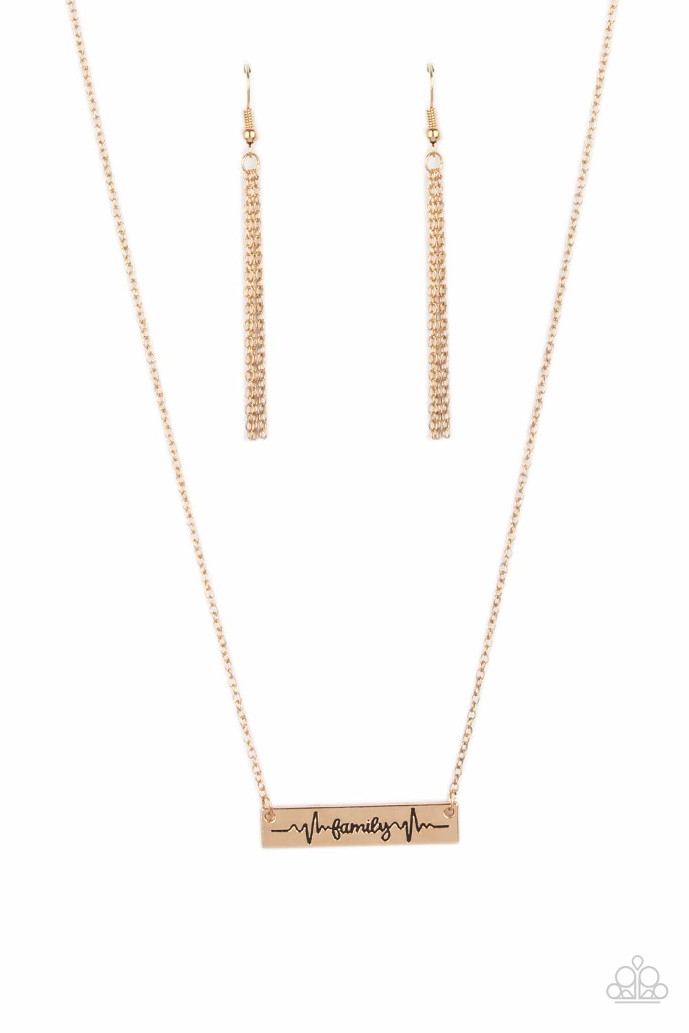 Living The Mom Life - Gold "Family" Stamped Heartbeat Short Necklace