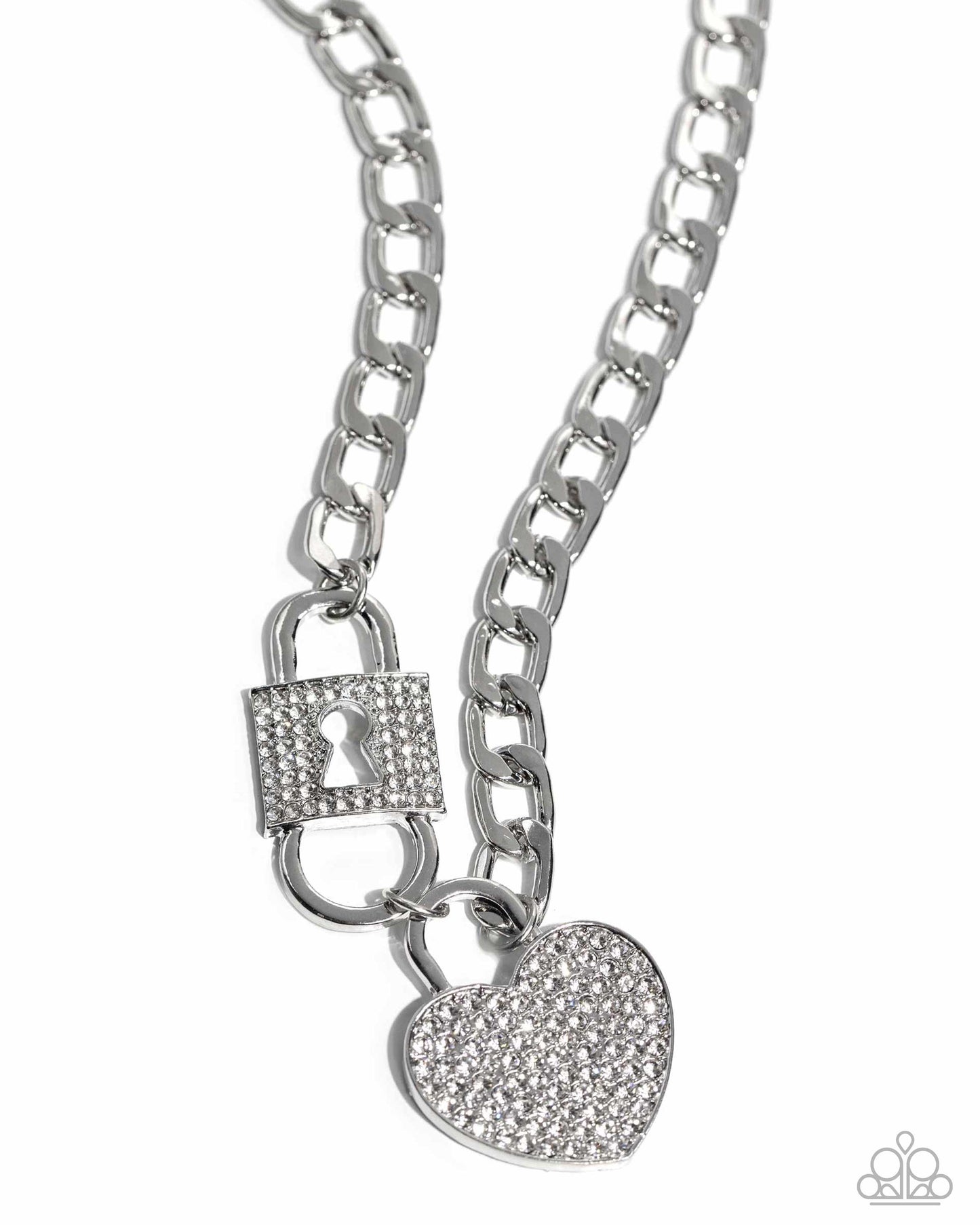 Lock Up Your Love - White Rhinestone Silvert Heart Lock Chain Short Necklace - Life of the Party