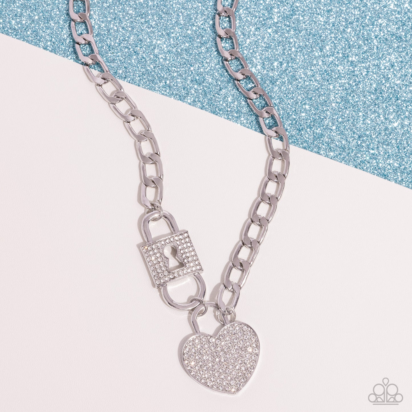 Lock Up Your Love - White Rhinestone Silvert Heart Lock Chain Short Necklace - Life of the Party