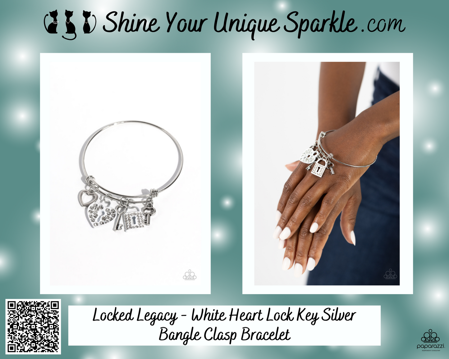 Locked Legacy - White Heart Lock Key Silver Bangle Clasp Bracelet