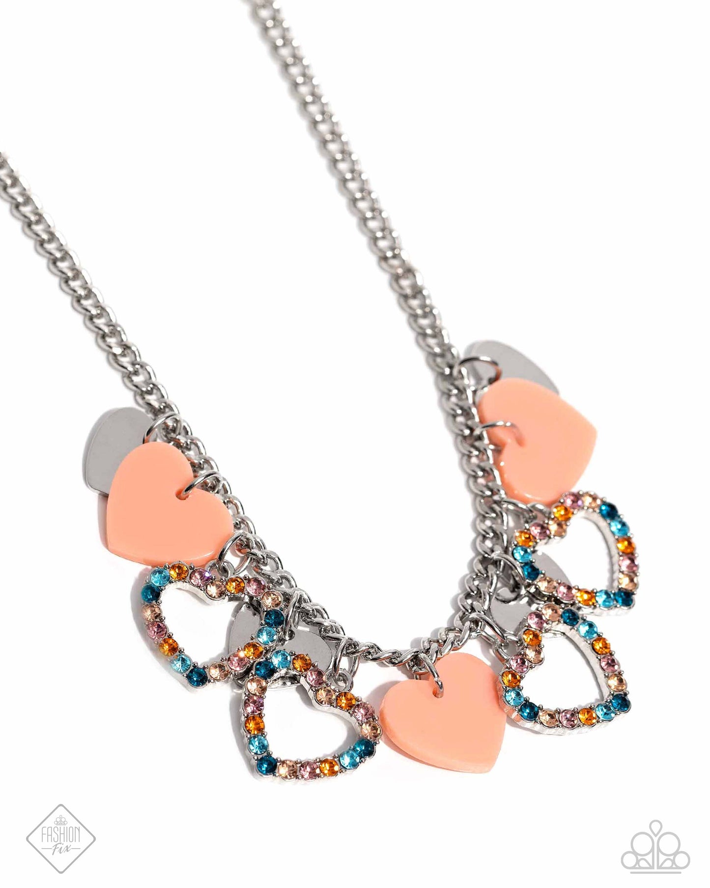Look the HEART - Orange and Multi Color Rhinestone Heart Silver Short Necklace - Fashion Fix