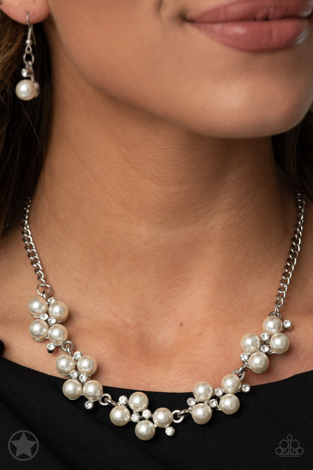 PERFECT MATCH / SET: Love Story - White Pearl and Rhinestone Short Necklace AND I Do - White Pearl and Rhinestone Clasp Bracelet