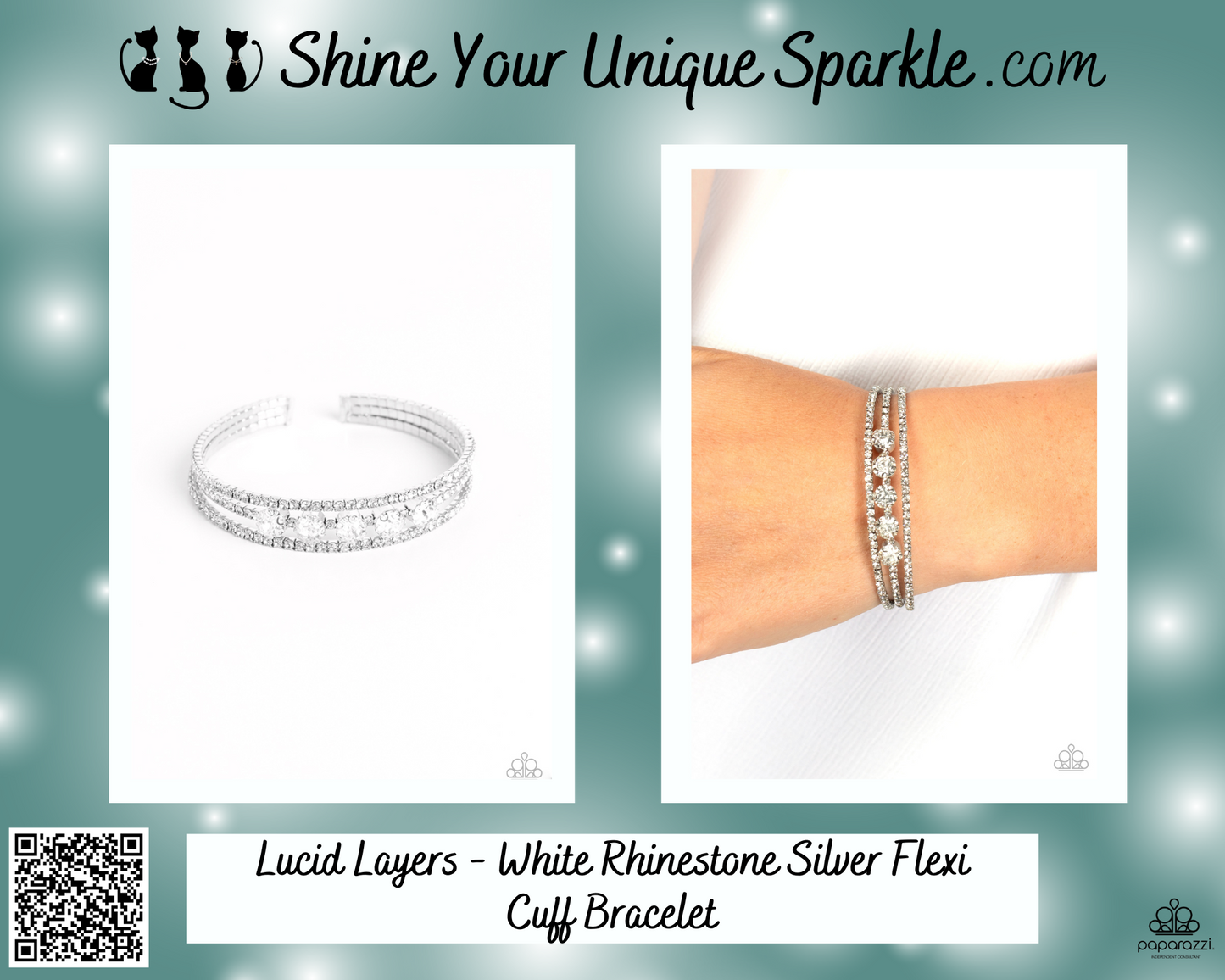 Lucid Layers - White Rhinestone Silver Flexi Cuff Bracelet