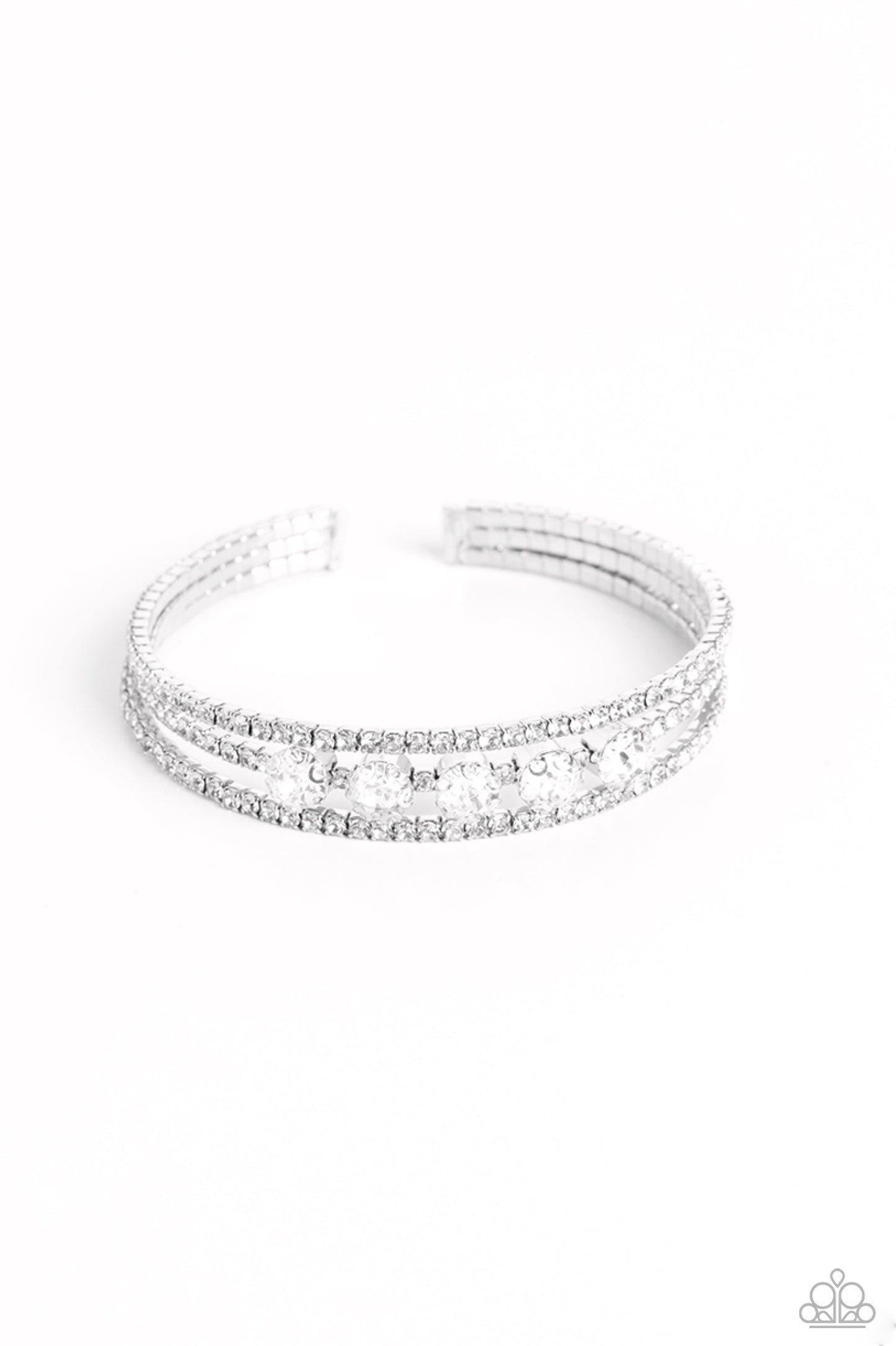 Lucid Layers - White Rhinestone Silver Flexi Cuff Bracelet