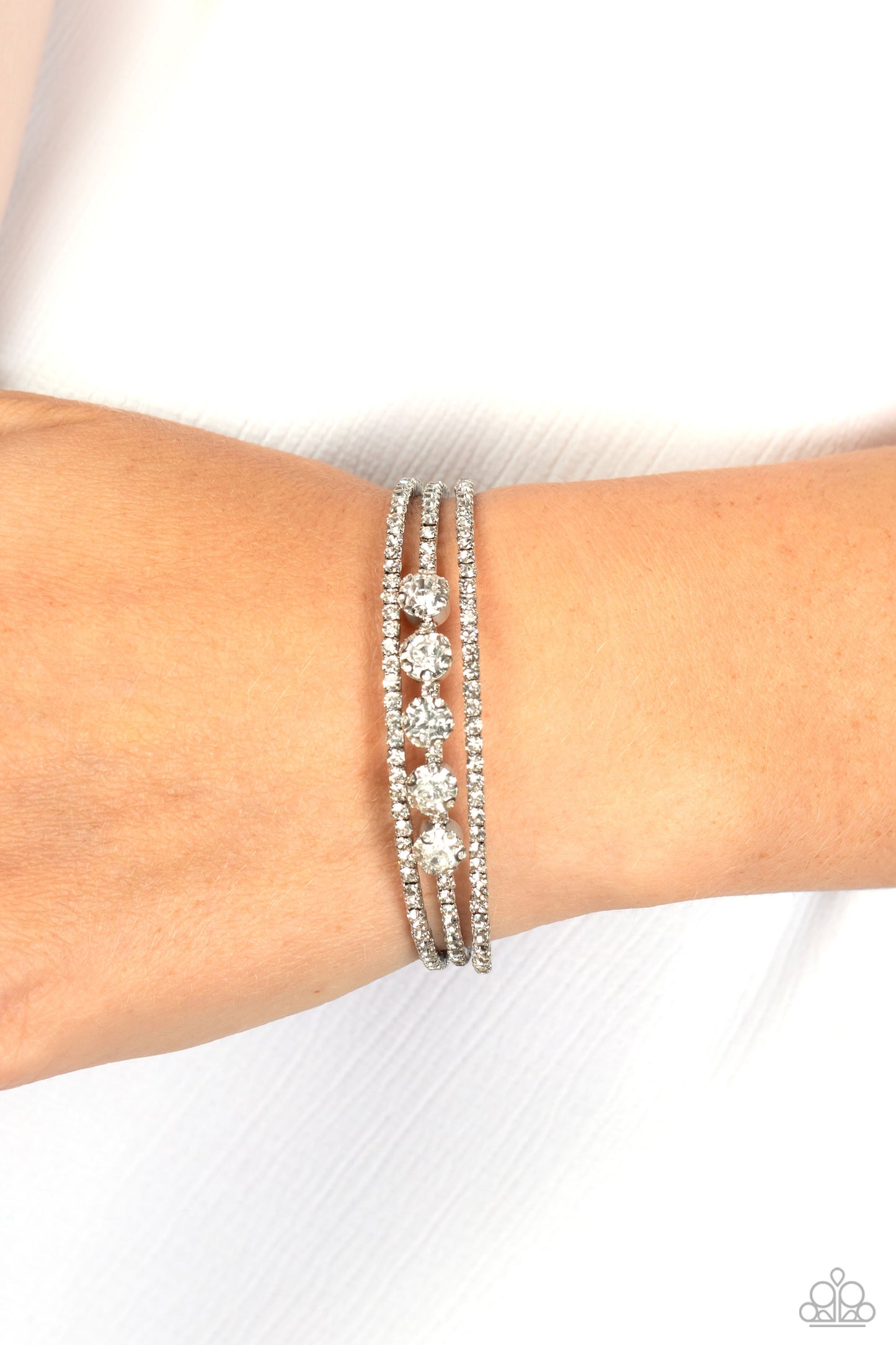 Lucid Layers - White Rhinestone Silver Flexi Cuff Bracelet