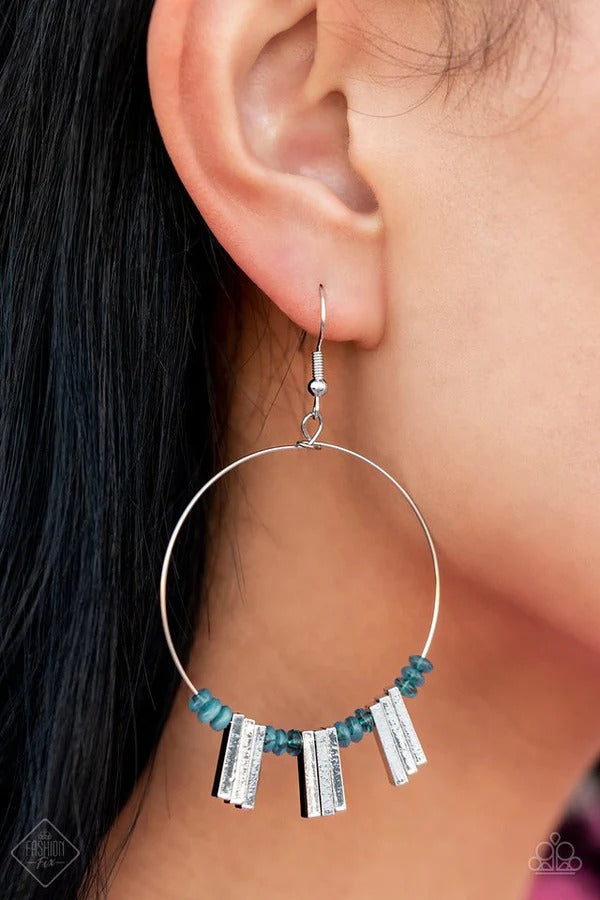 Luxe Lagoon - Blue Bead Silver Bar Circle Fishhook Earrings - Fashion Fix