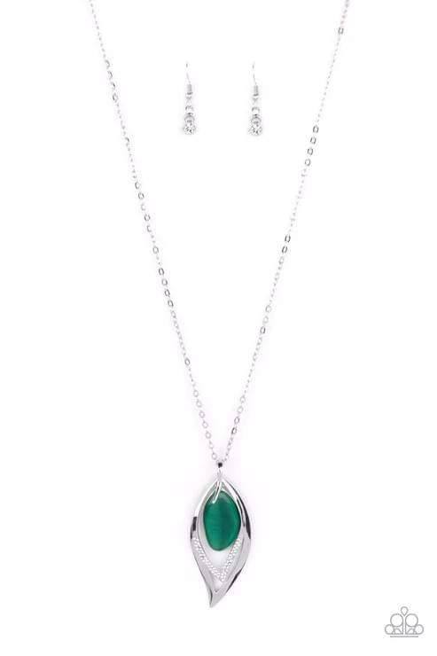Magical Meadow - Green Cat's Eye Silver Leaf Long Necklace