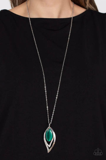 Magical Meadow - Green Cat's Eye Silver Leaf Long Necklace
