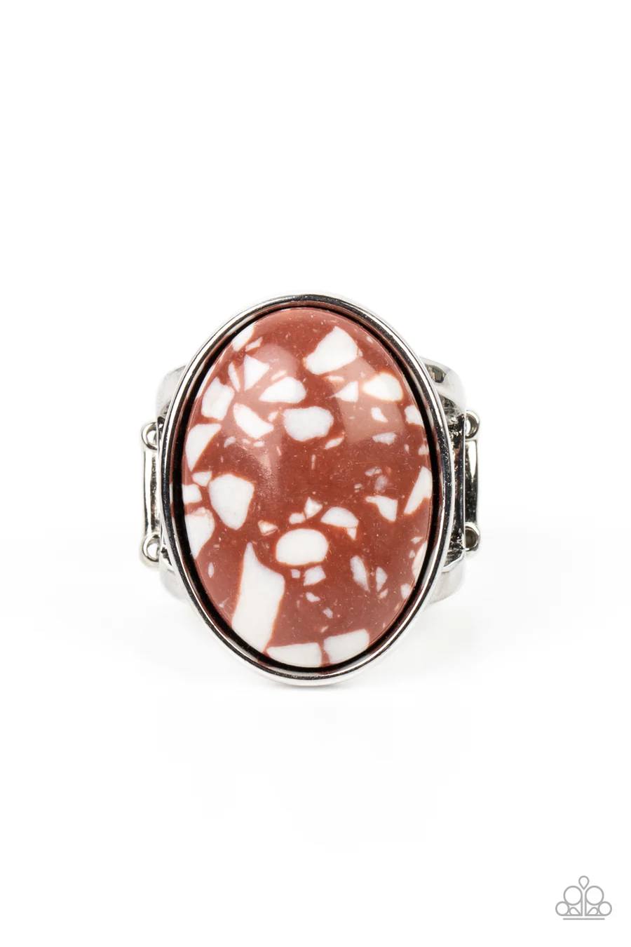 Majestic Marbling - Brown and White Marbled Oval Stone Silver Ring