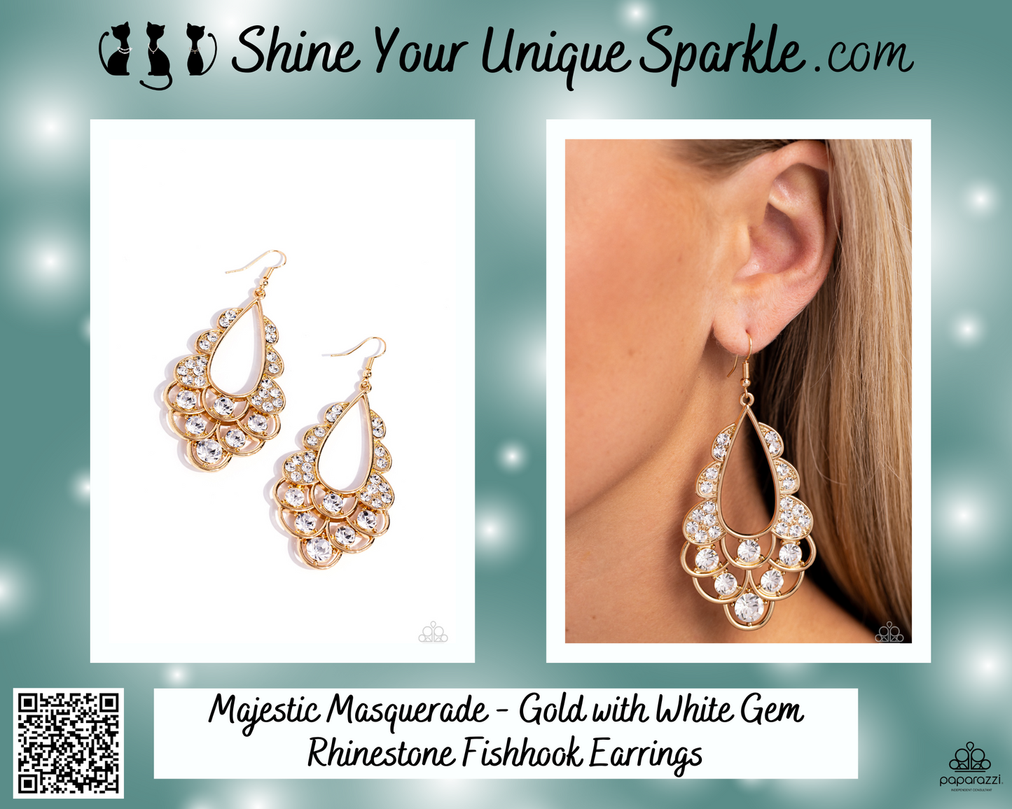 Majestic Masquerade - Gold with White Gem Rhinestone Fishhook Earrings
