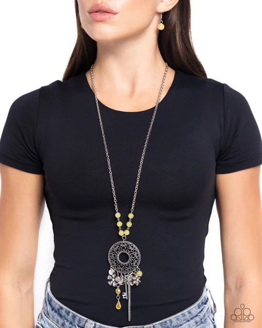 Making Memories - Yellow Bead Key Heart Flower Silver Long Necklace