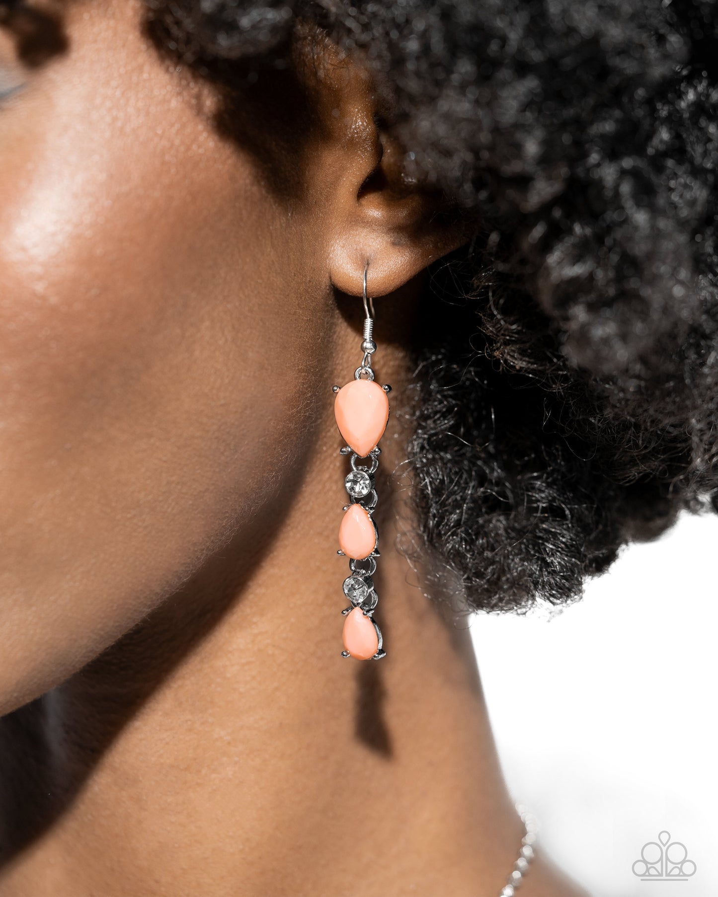 PERFECT MATCH / SET: Malibu Marvel - Orange Bead White Gem Silver Short Necklace AND Malibu March - Orange Bead White Gem Silver Fishhook Earrings
