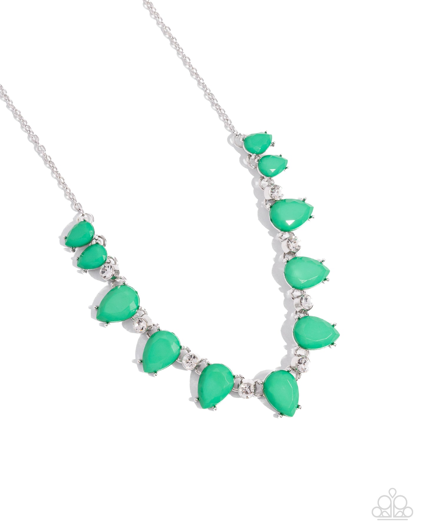 PERFECT MATCH / SET: Malibu Marvel - Green Bead White Gem Silver Short Necklace AND Malibu March - Green Bead White Gem Silver Fishhook Earrings
