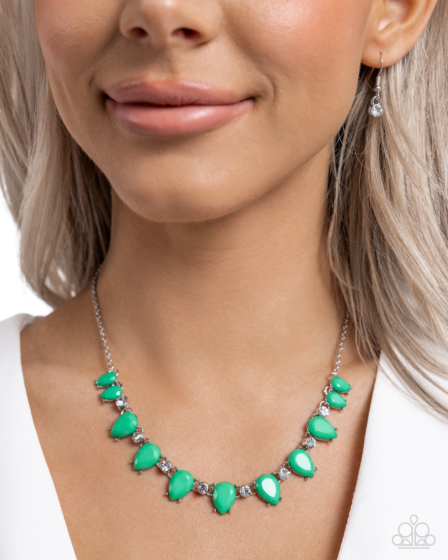 PERFECT MATCH / SET: Malibu Marvel - Green Bead White Gem Silver Short Necklace AND Malibu March - Green Bead White Gem Silver Fishhook Earrings