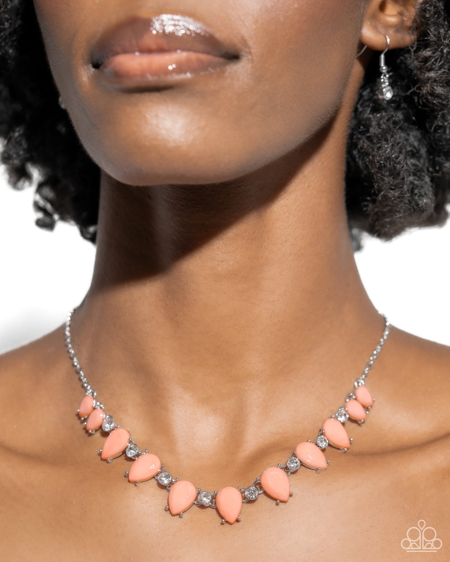 PERFECT MATCH / SET: Malibu Marvel - Orange Bead White Gem Silver Short Necklace AND Malibu March - Orange Bead White Gem Silver Fishhook Earrings