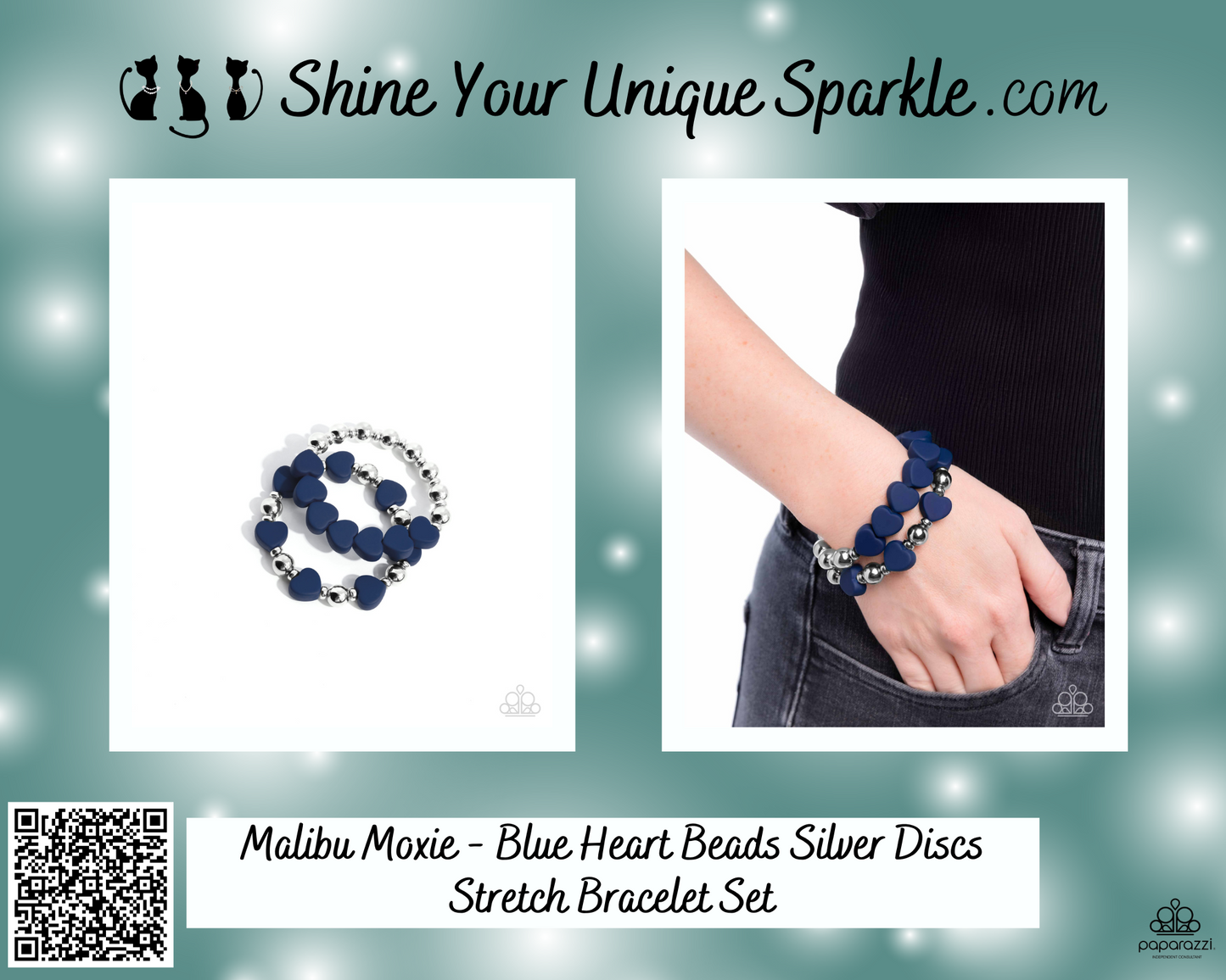 Malibu Moxie - Blue Heart Beads Silver Discs Stretch Bracelet Set