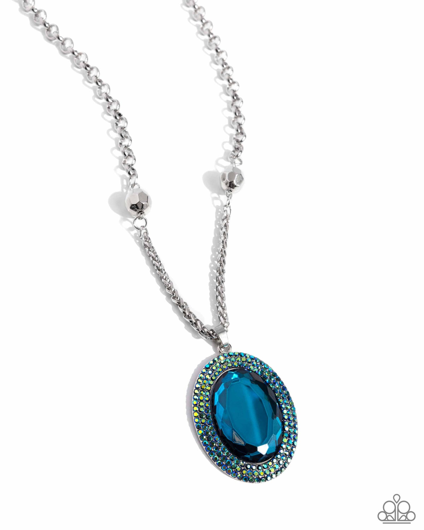 Manufactured Majesty - Blue Gem Iridescent Rhinestone Oval Silver Short Necklace - Life of the Party