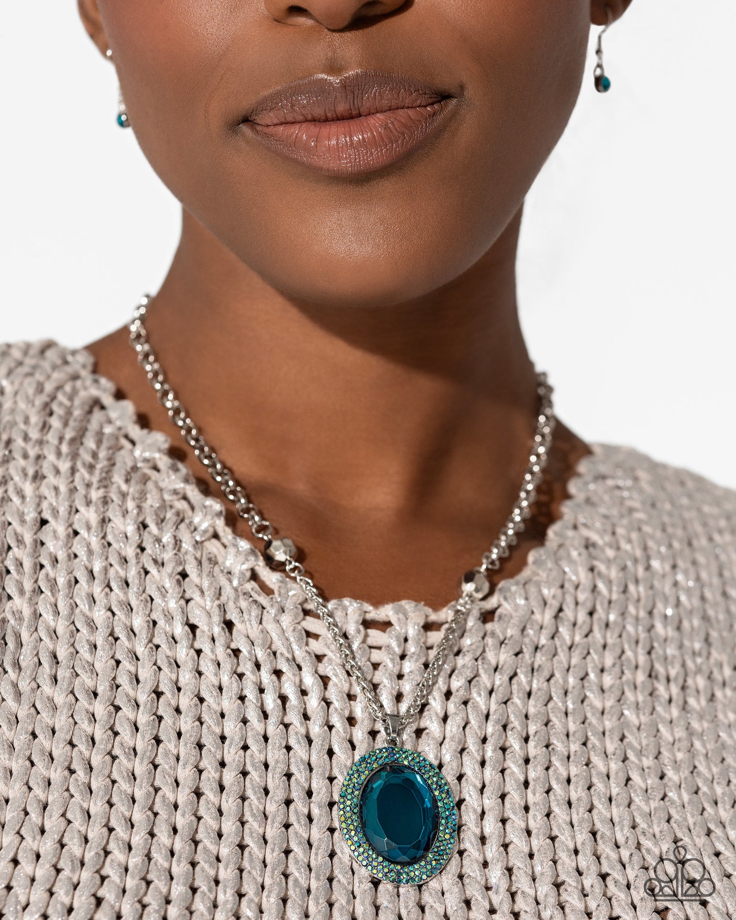 Manufactured Majesty - Blue Gem Iridescent Rhinestone Oval Silver Short Necklace - Life of the Party