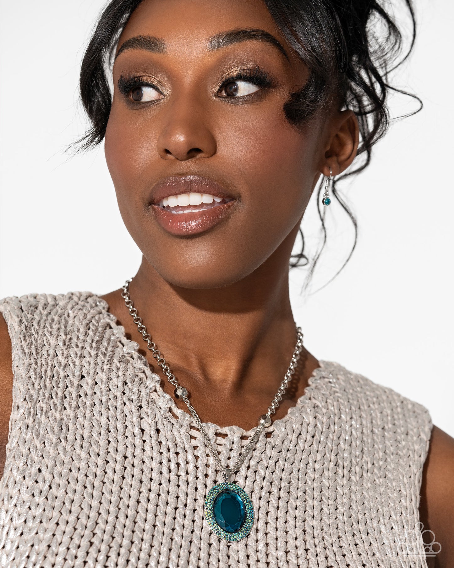 Manufactured Majesty - Blue Gem Iridescent Rhinestone Oval Silver Short Necklace - Life of the Party