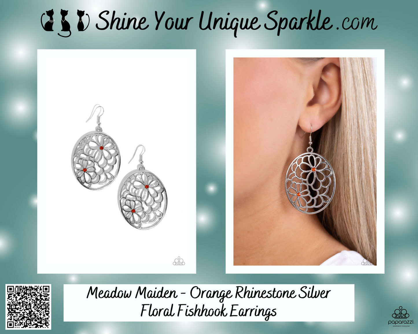 Meadow Maiden - Orange Rhinestone Silver Floral Fishhook Earrings