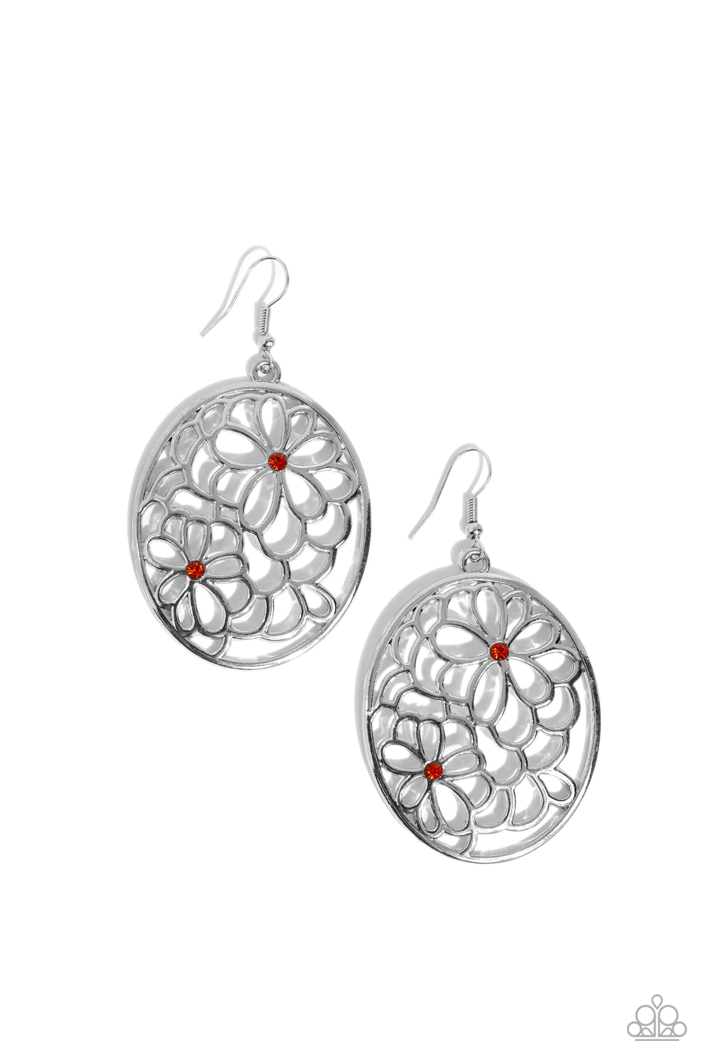 Meadow Maiden - Orange Rhinestone Silver Floral Fishhook Earrings