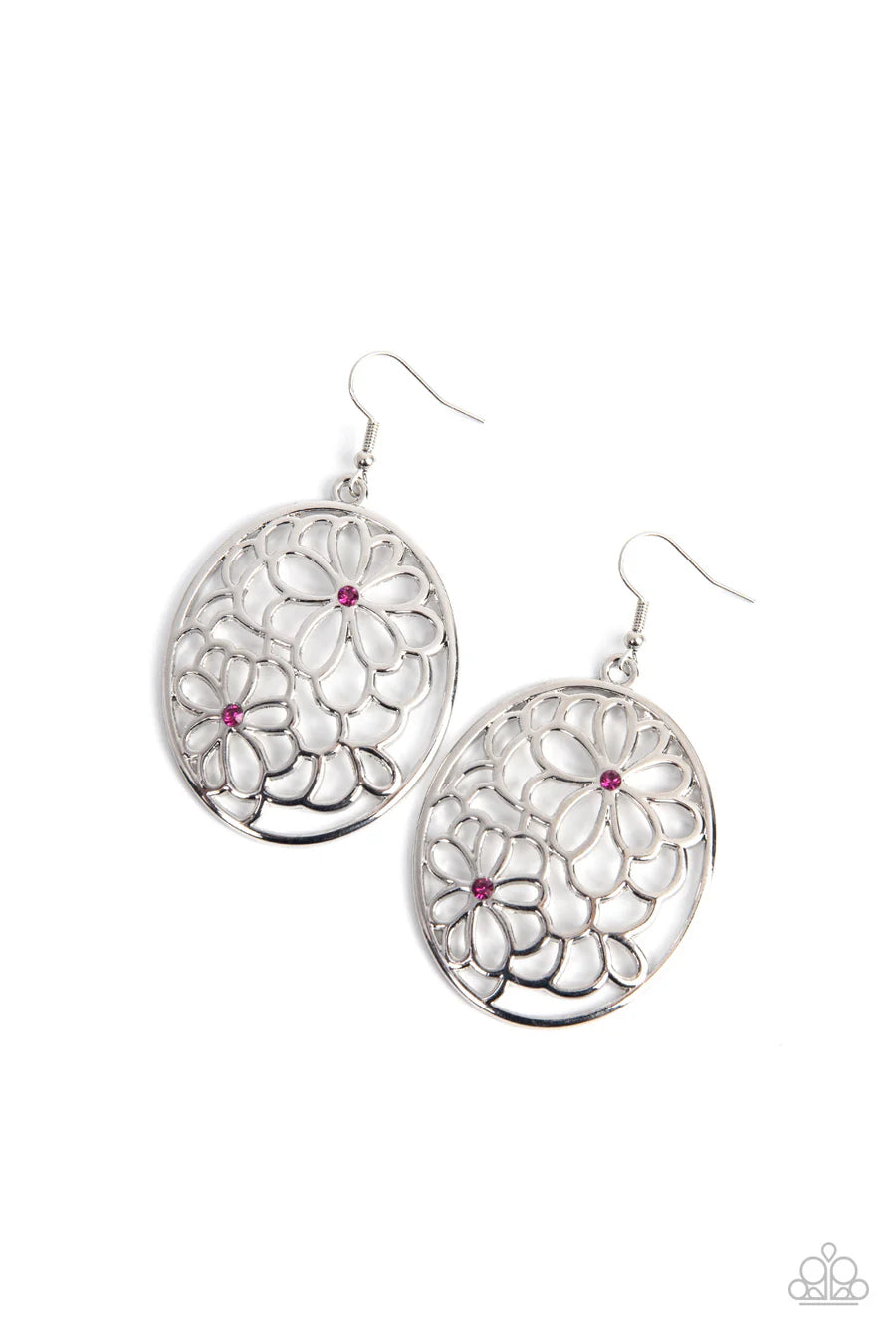 Meadow Maiden - Pink Rhinestone Silver Floral Fishhook Earrings