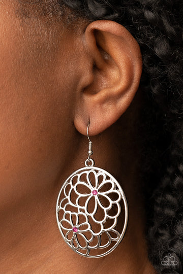 Meadow Maiden - Pink Rhinestone Silver Floral Fishhook Earrings