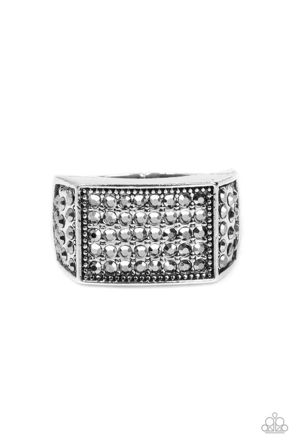 Metro Merger - Silver Hematite Rhinestone Rectangular Men's Ring