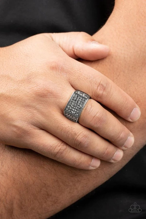 Metro Merger - Silver Hematite Rhinestone Rectangular Men's Ring