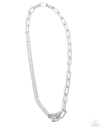 Mismatched Monarchy - White Rhinestone Silver Paperclip Chain Toggle Short Necklace