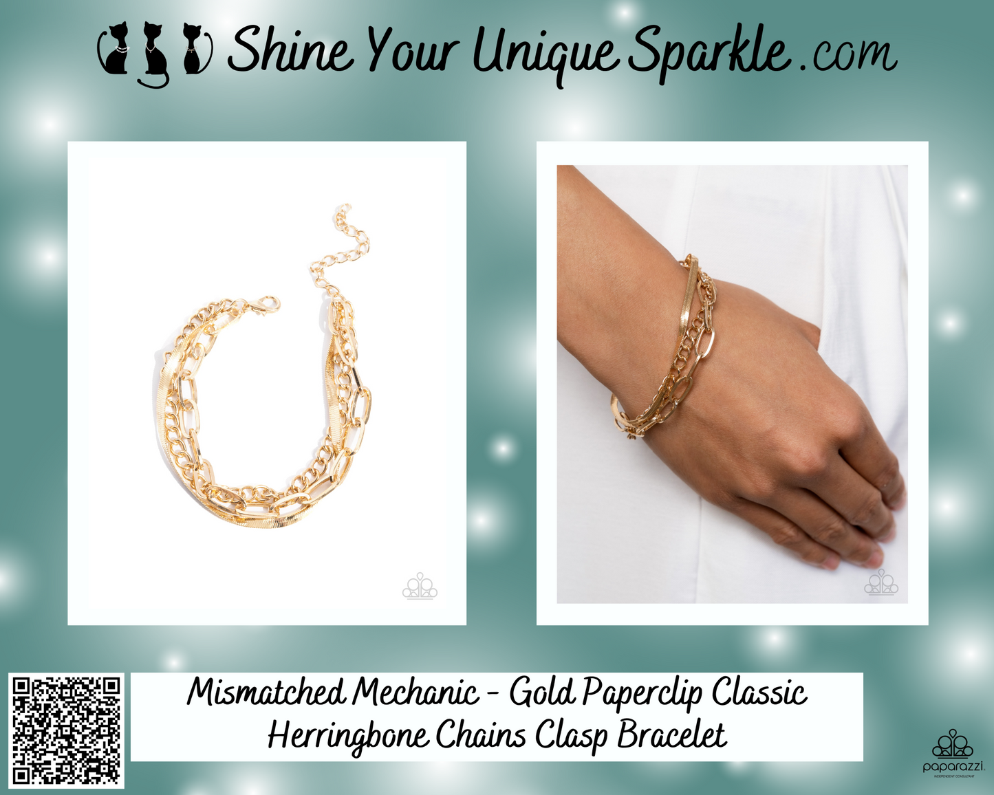 Mismatched Mechanic - Gold Paperclip Classic Herringbone Chains Clasp Bracelet