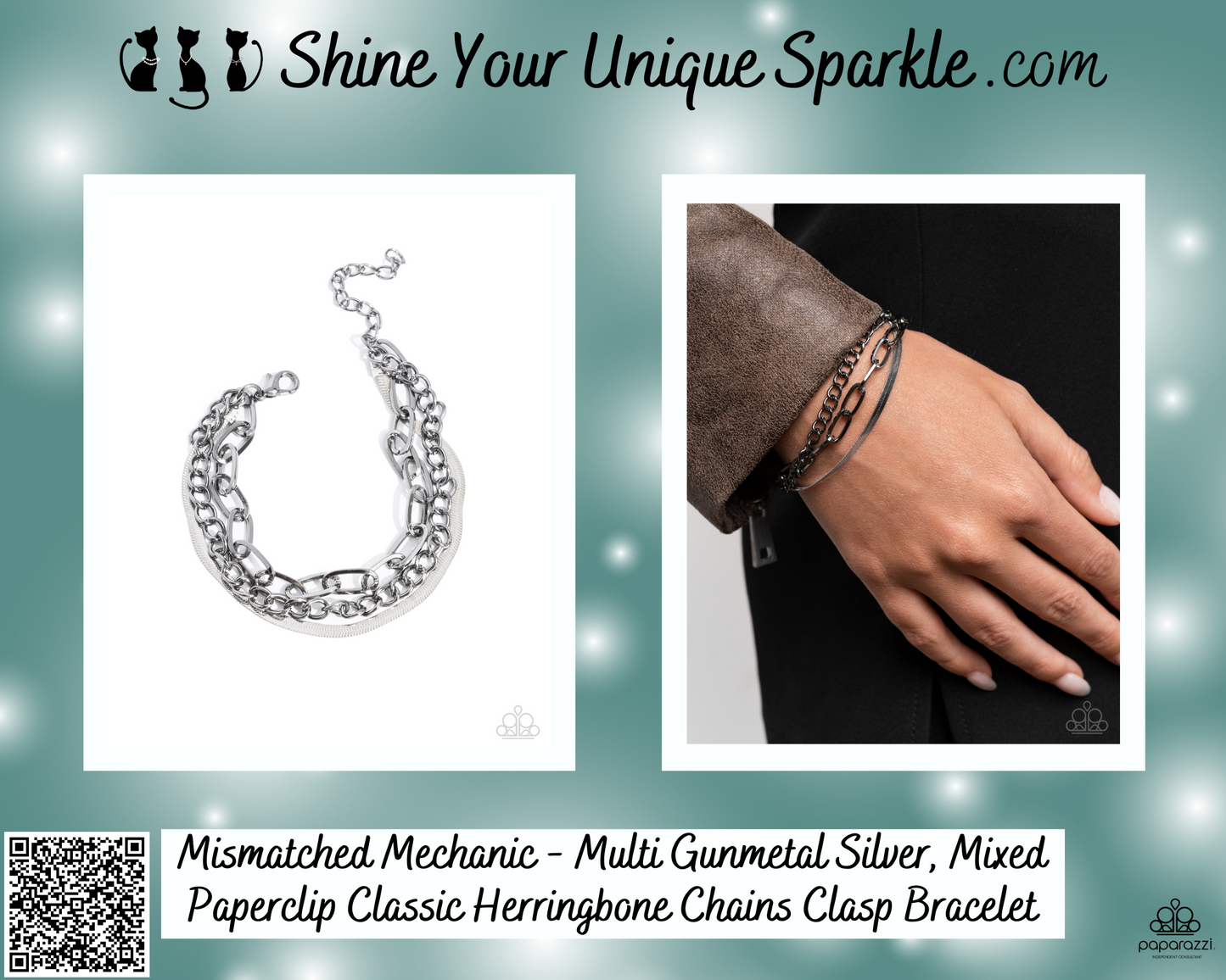 Mismatched Mechanic - Multi Gunmetal Silver, Mixed Paperclip Classic Herringbone Chains Clasp Bracelet