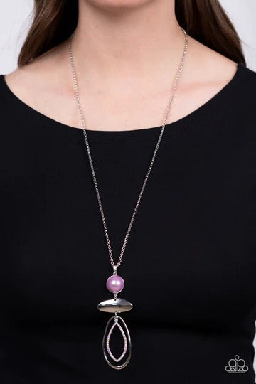 Modern Day Demure - Purple Pearl Iridescent Rhinestone Oval Medium Length Necklace