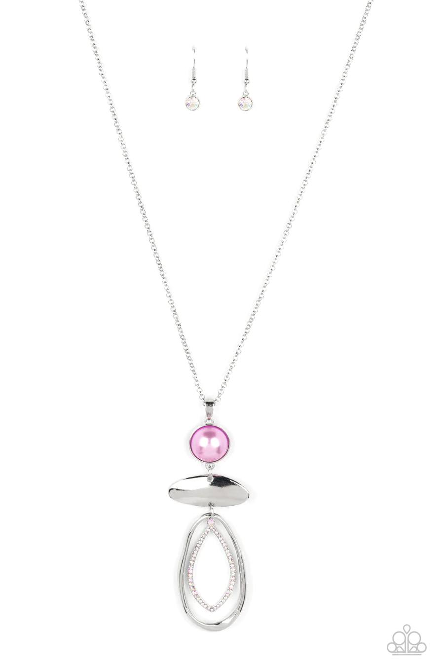 Modern Day Demure - Purple Pearl Iridescent Rhinestone Oval Medium Length Necklace