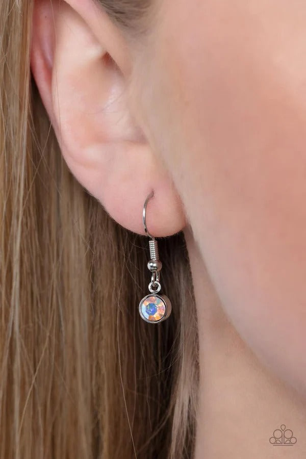 Modern Day Demure - Silver Pearl Iridescent Rhinestone Oval Medium Length Necklace