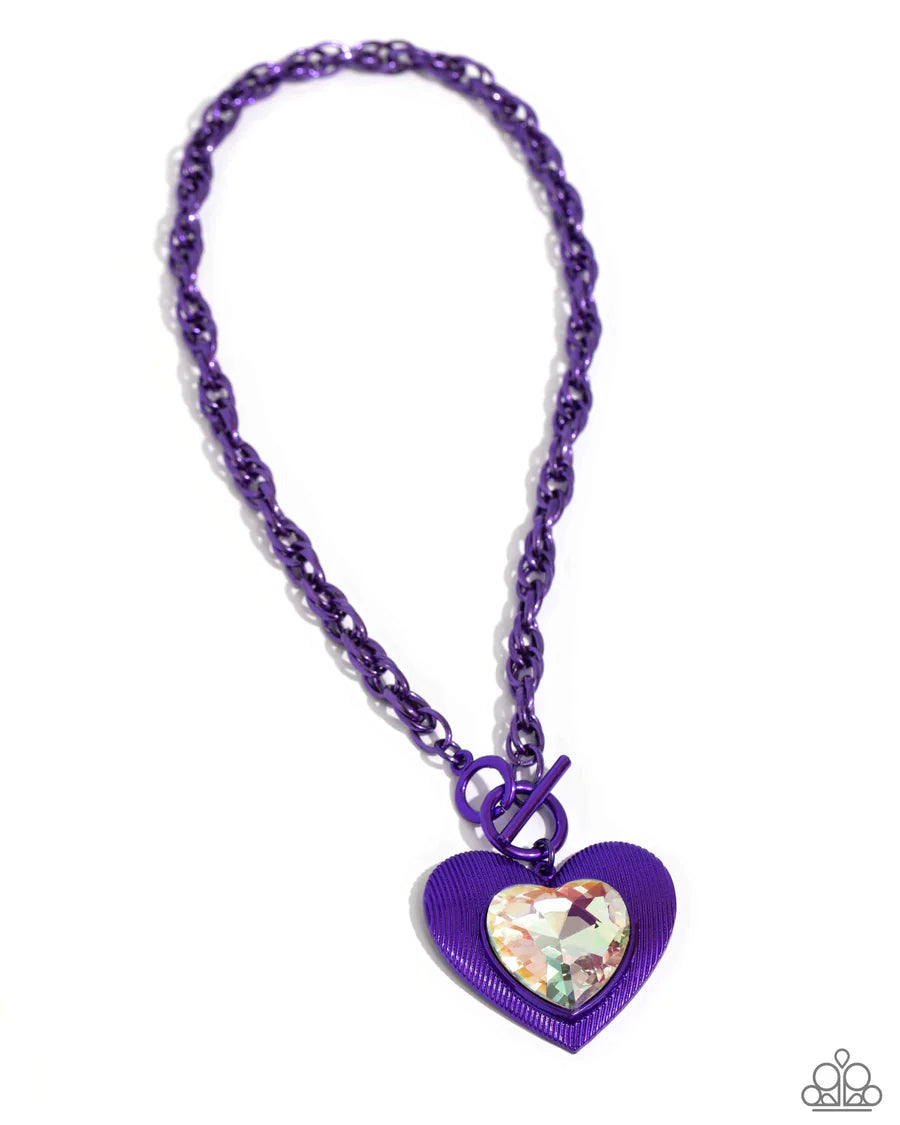 Modern Matchup - Purple Metallic Chain Heart Iridescent Gem Short Necklace - Life of the Party Exclusive