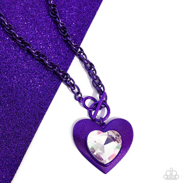 Modern Matchup - Purple Metallic Chain Heart Iridescent Gem Short Necklace - Life of the Party Exclusive