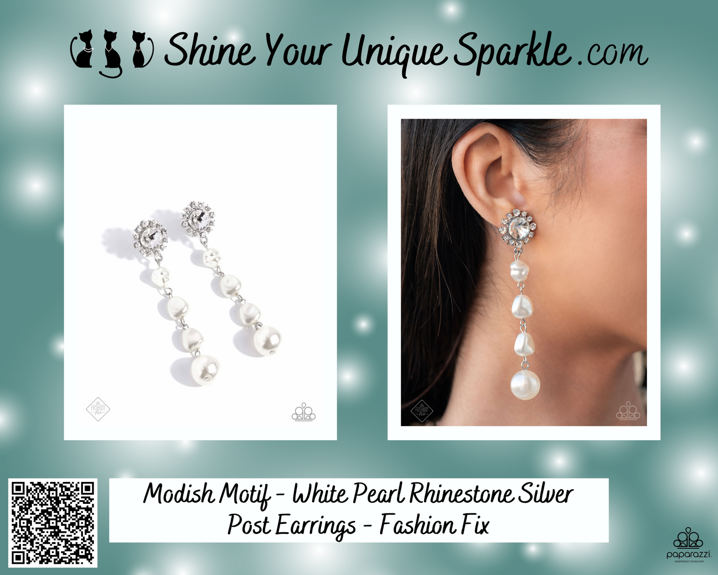Modish Motif - White Pearl Rhinestone Silver Post Earrings - Fashion Fix